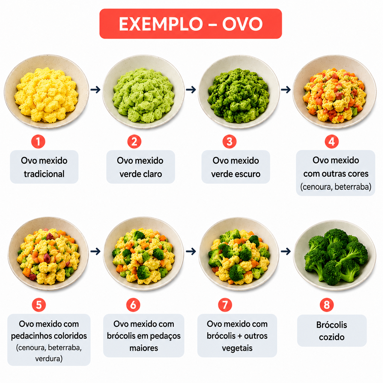Exemplo de encadeamento alimentar com ovo mexido até brócolis